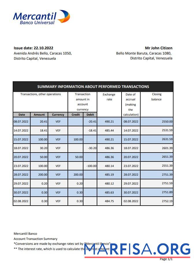 Blank Venezuela Mercantil bank statement excel sample